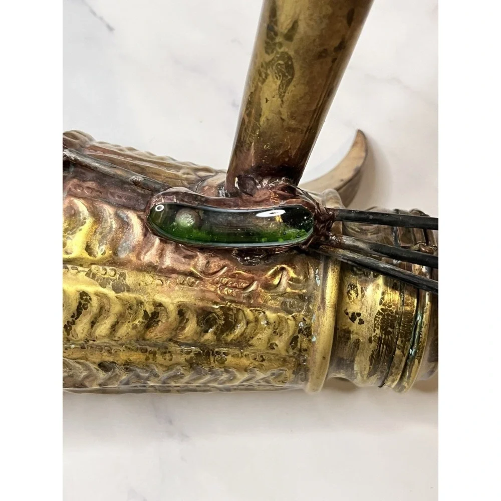 Vintage Brass Turkish Arabic Dallah Coffee Pot With Glass Embellishments Feather
